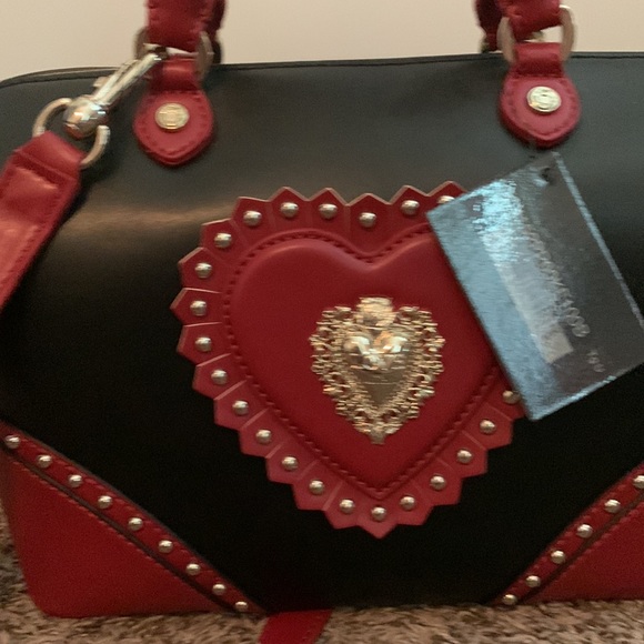 Love Moschino red and black studded leather satchel purse with logo - Picture 3 of 9